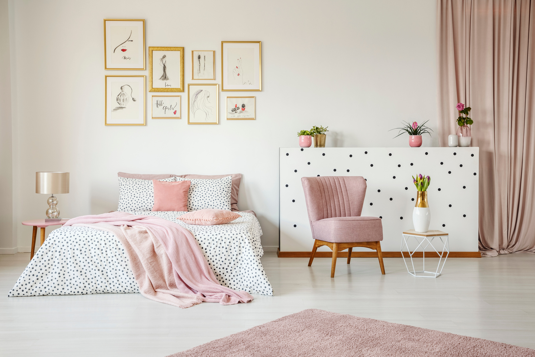 Pink spacious bedroom interior