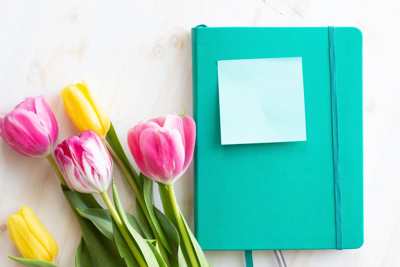 Journal with teal note with tulips